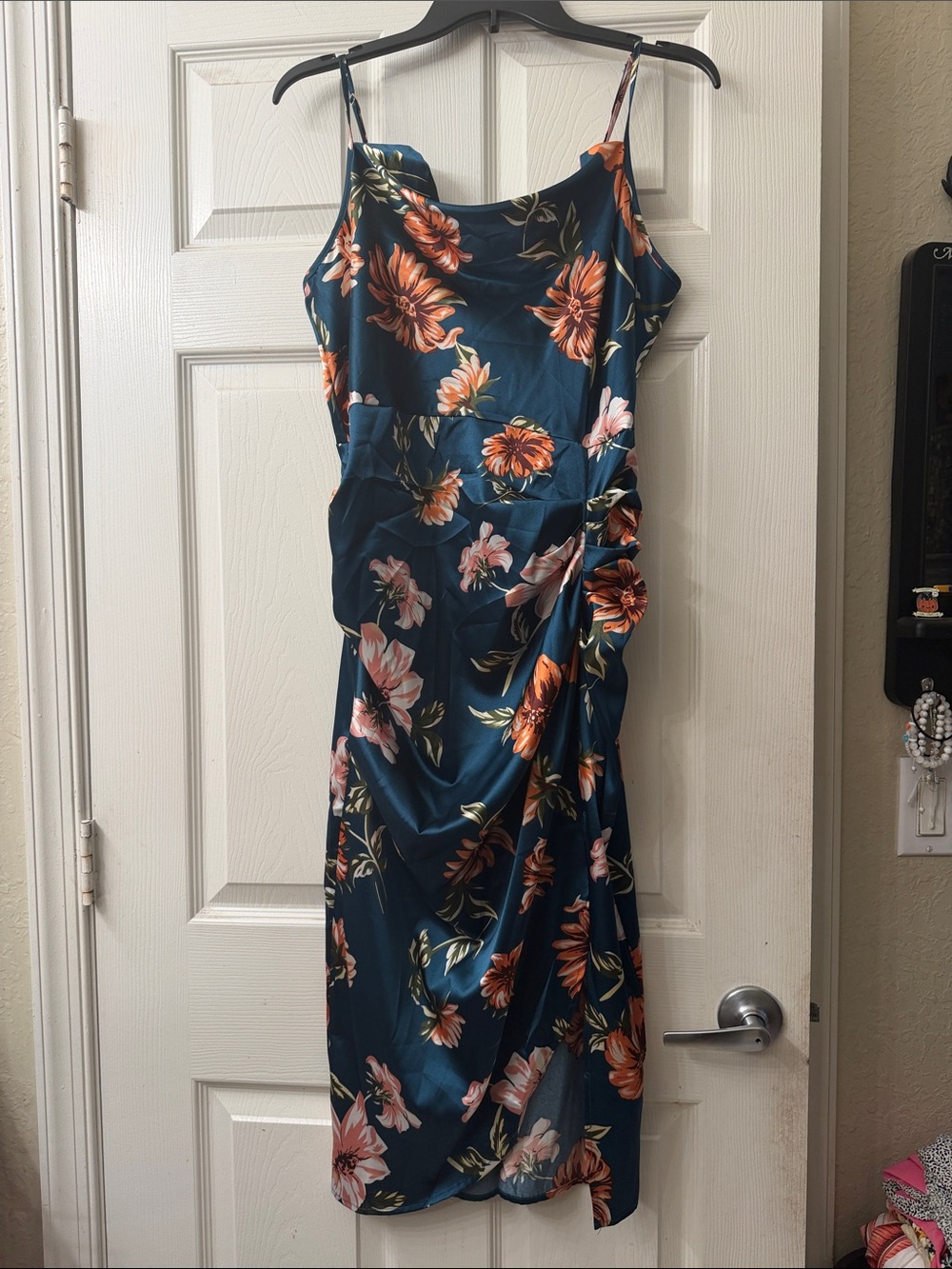 SHEIN Teal Floral Midi Slip Dress with Orange Blooms